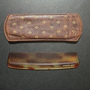 Vtg Nil Mileus Tortoise Shell 5” Lucite Hair Comb + Brown Gold Leather Case 50s
